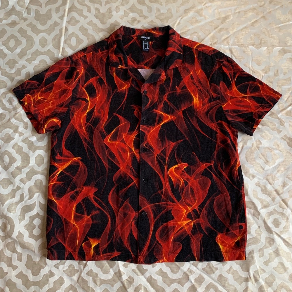 Black and Red flame button up shirt.